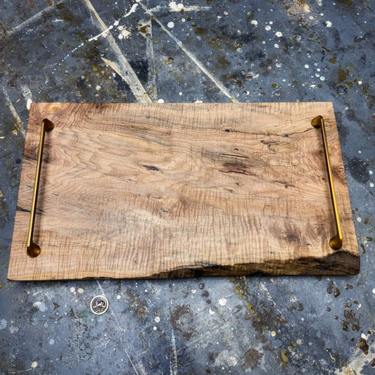 Live edge curly maple tray highlighting natural texture and figure