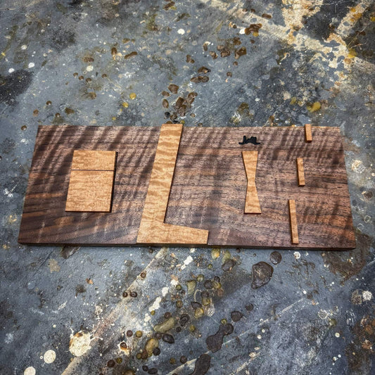 Woodworking inlay jig made from figured walnut and maple