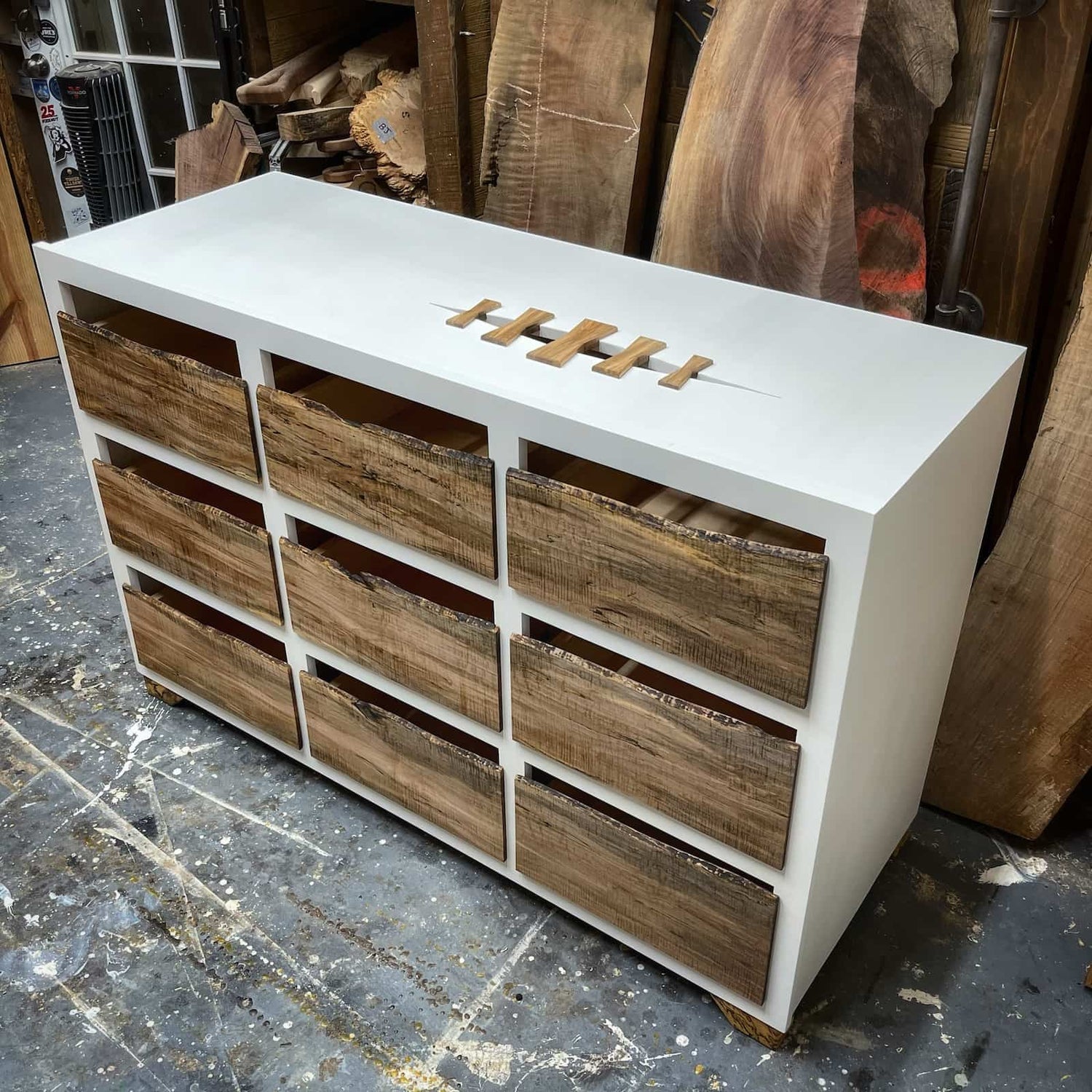 handcrafted hardwood console with natural edge detail, integrated drawer storage, and clean functional design built by JML Woodcraft