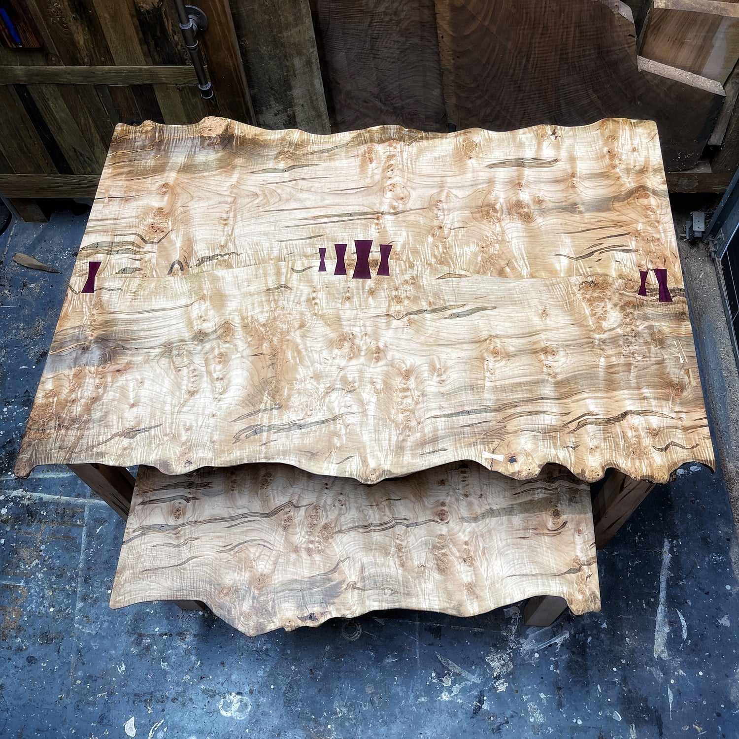 handcrafted hardwood table and bench set showcasing dramatic figure, light natural tone, and thoughtfully balanced design created by JML Woodcraft