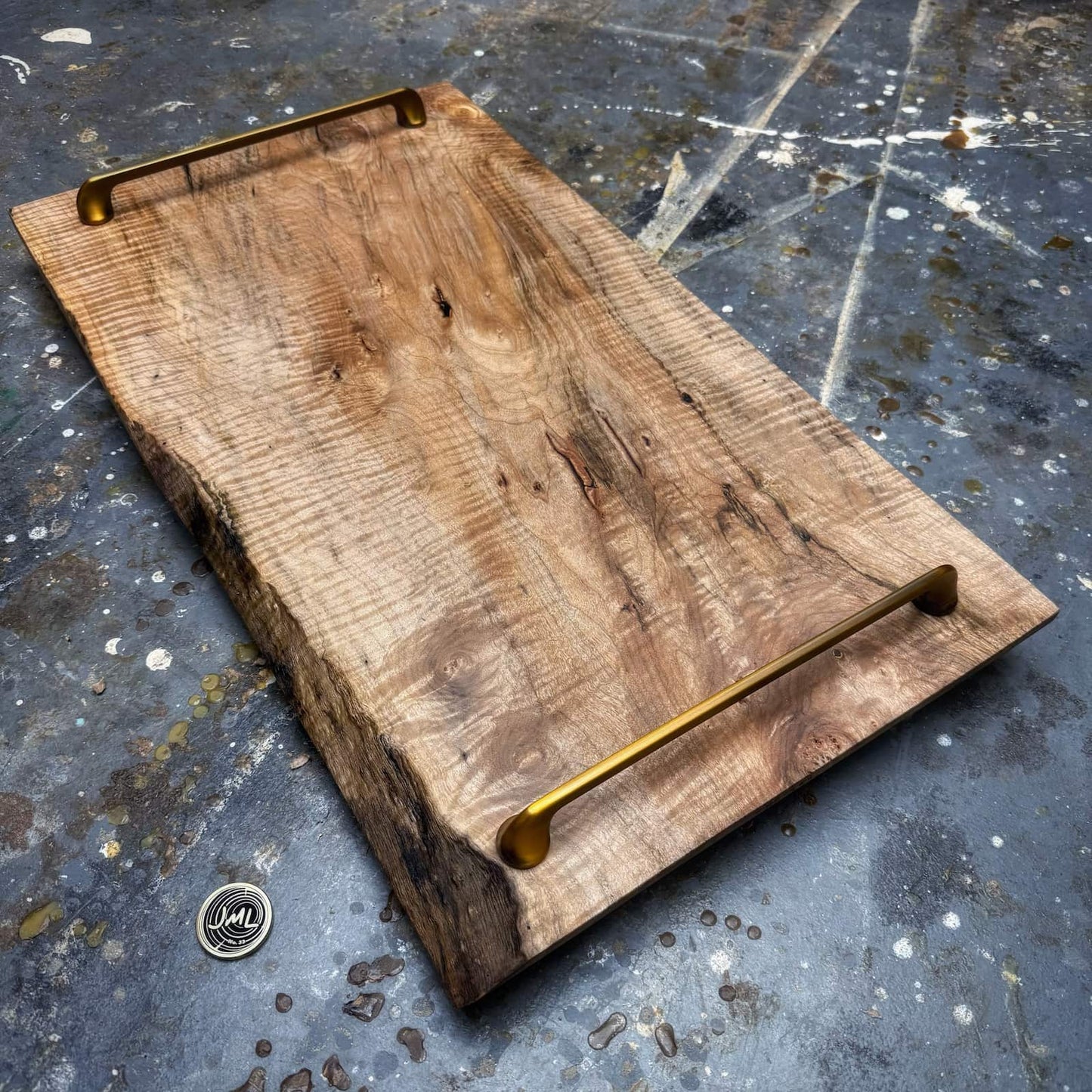 Curly maple serving tray with gold handles and live edge detail by JML