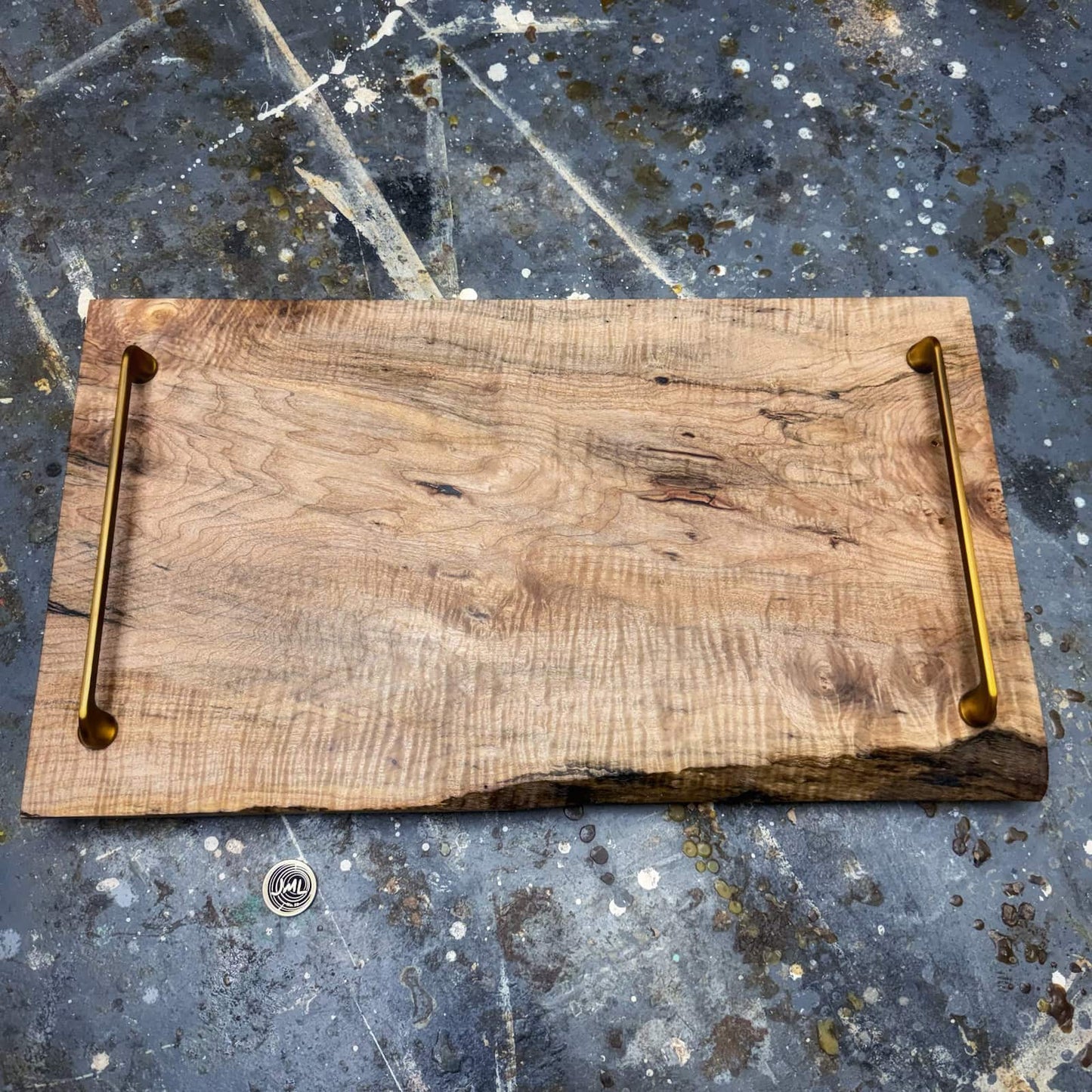 Live edge curly maple tray highlighting natural texture and figure