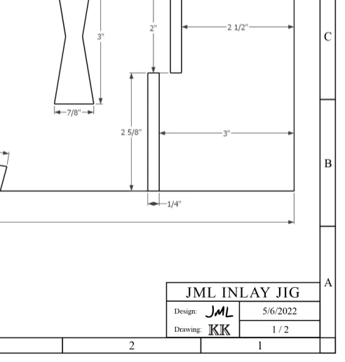 Partial engineering drawing preview of the JML inlay jig plans showing dimensions and layout