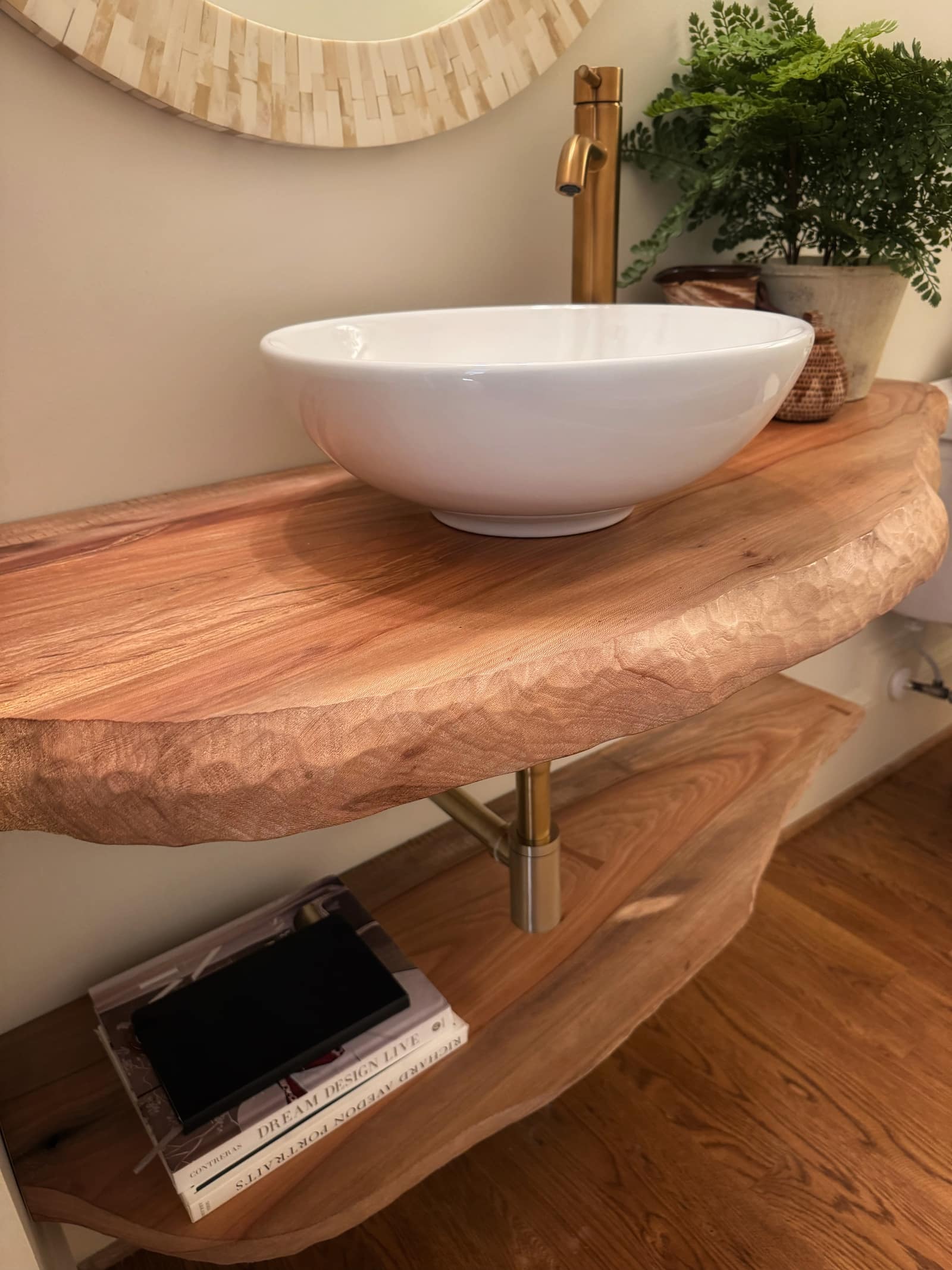 Textured live edge sink vanity crafted from premium figured hardwood