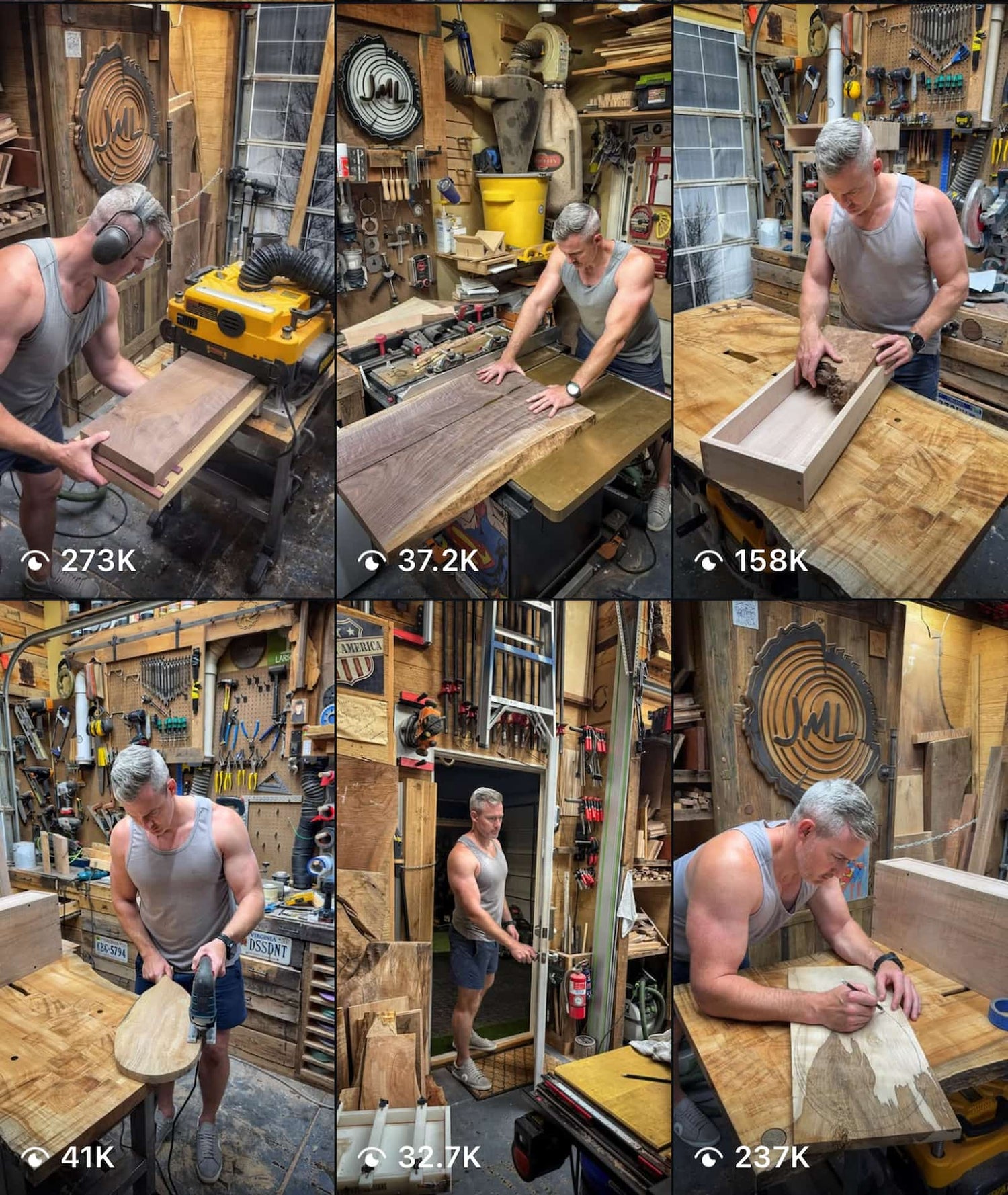 Collage of a craftsman working through various woodworking steps in a small garage shop, including planing, cutting slabs, sanding, shaping, and sketching board designs.