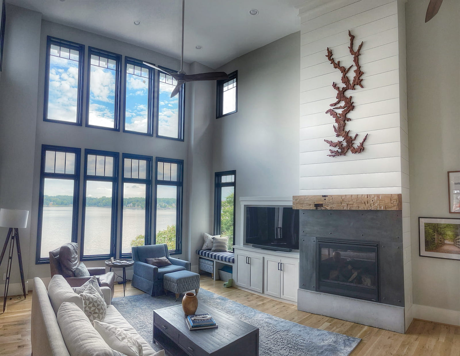 handcrafted hardwood wall art installed in a Lake Wylie living room featuring warm natural texture and clean modern design by JML Woodcraft