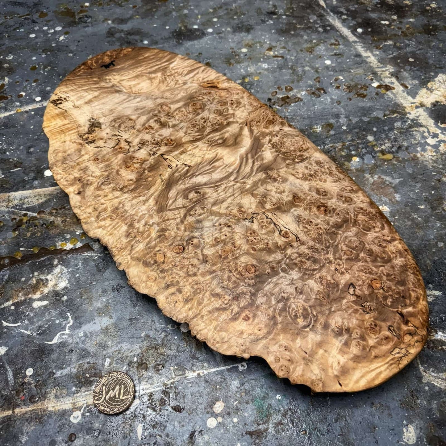 overhead view of maple burl board showing figure distribution