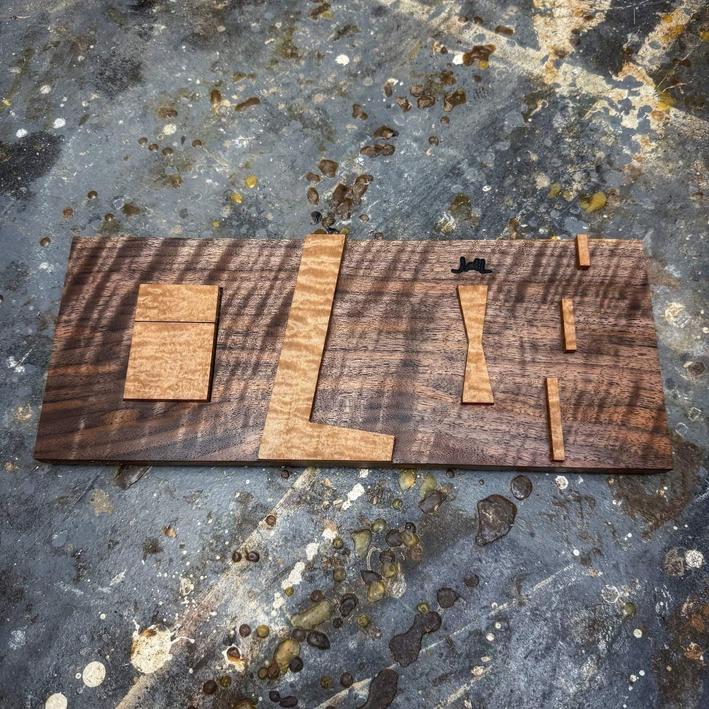 Woodworking inlay jig made from figured walnut and maple