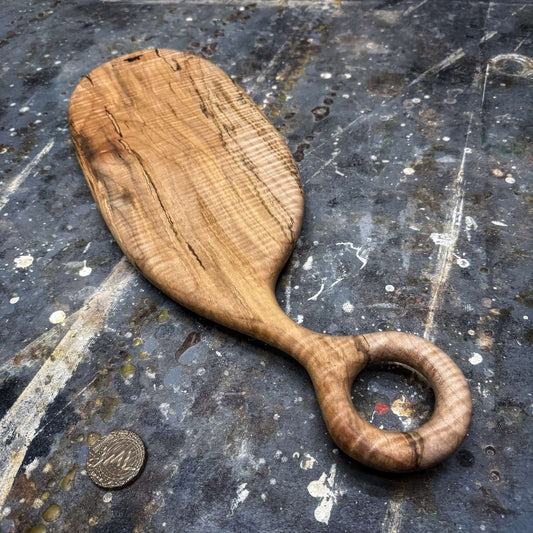 spalted curly ambrosia maple serving board with ring handle